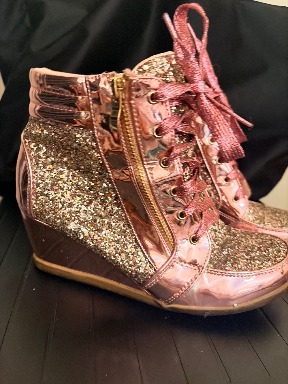 Glitter Rose Gold Wedge Sneakers for Women